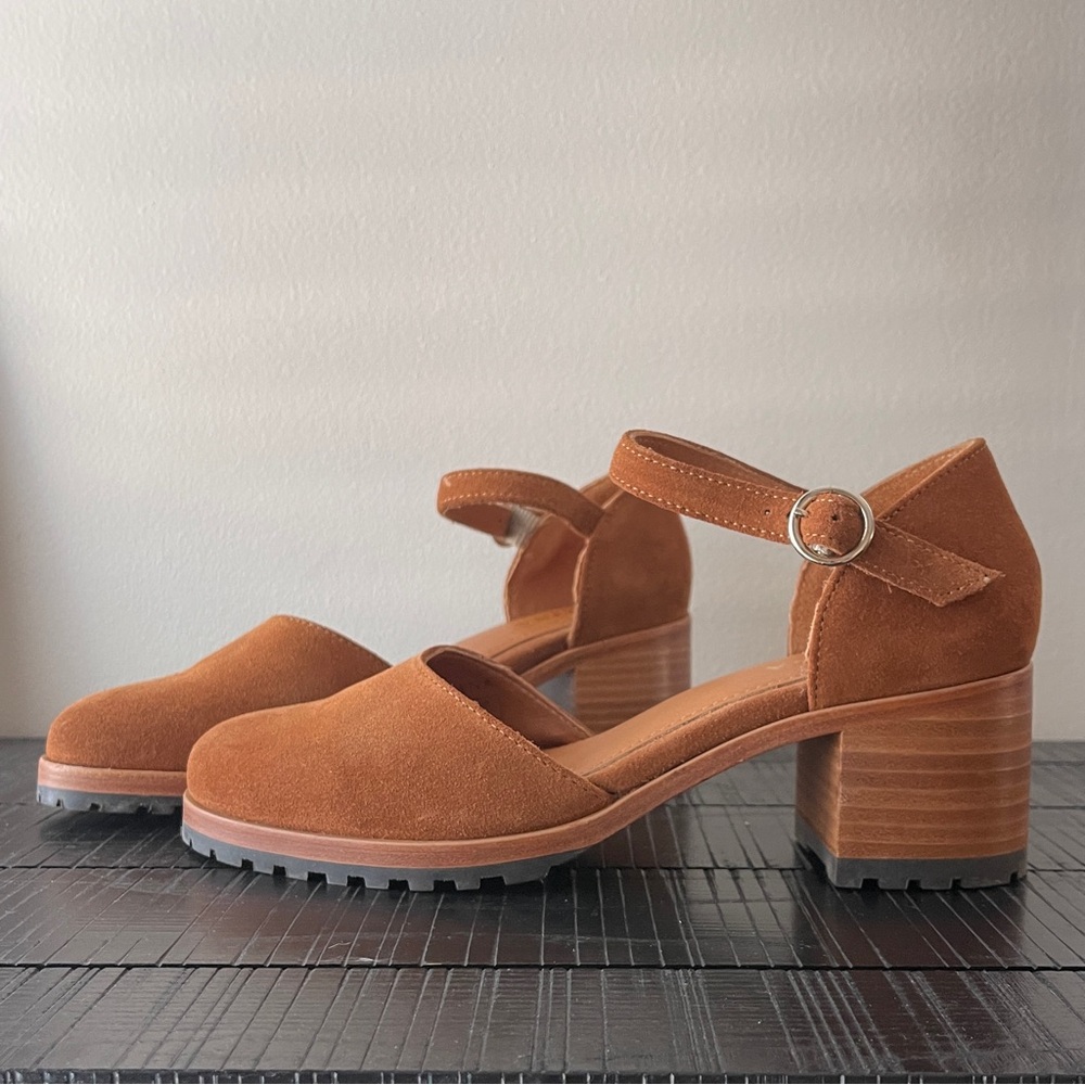Portland Leather Patina Tan Suede Block Heel Shoes Size 8.5 - Picture 3 of 6